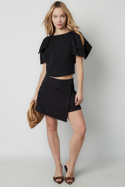 Polyester Women's Short Sleeve Top Ruffle Shoulder Design
