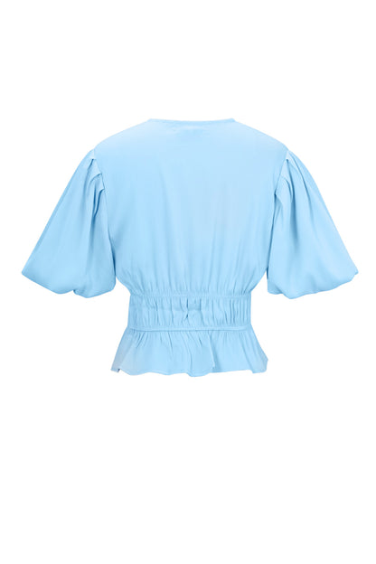 Polyester Women's Short Sleeve Top Puff Sleeve Tie Waist