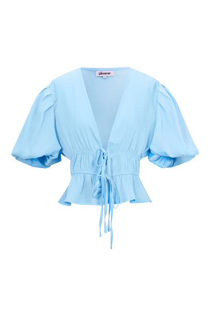 Polyester Women's Short Sleeve Top Puff Sleeve Tie Waist