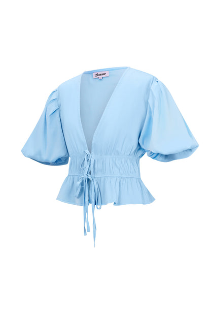 Polyester Women's Short Sleeve Top Puff Sleeve Tie Waist