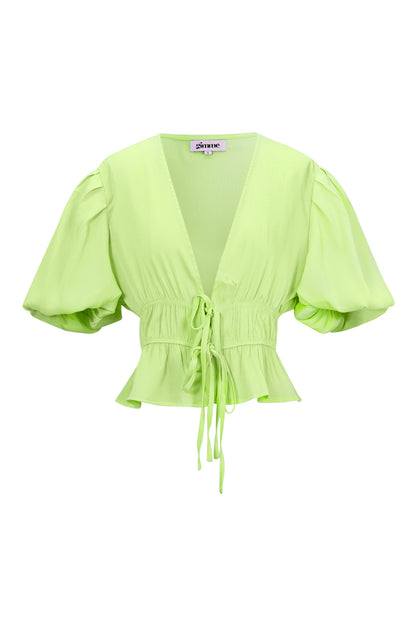 Polyester Women's Short Sleeve Top Puff Sleeve Tie Waist