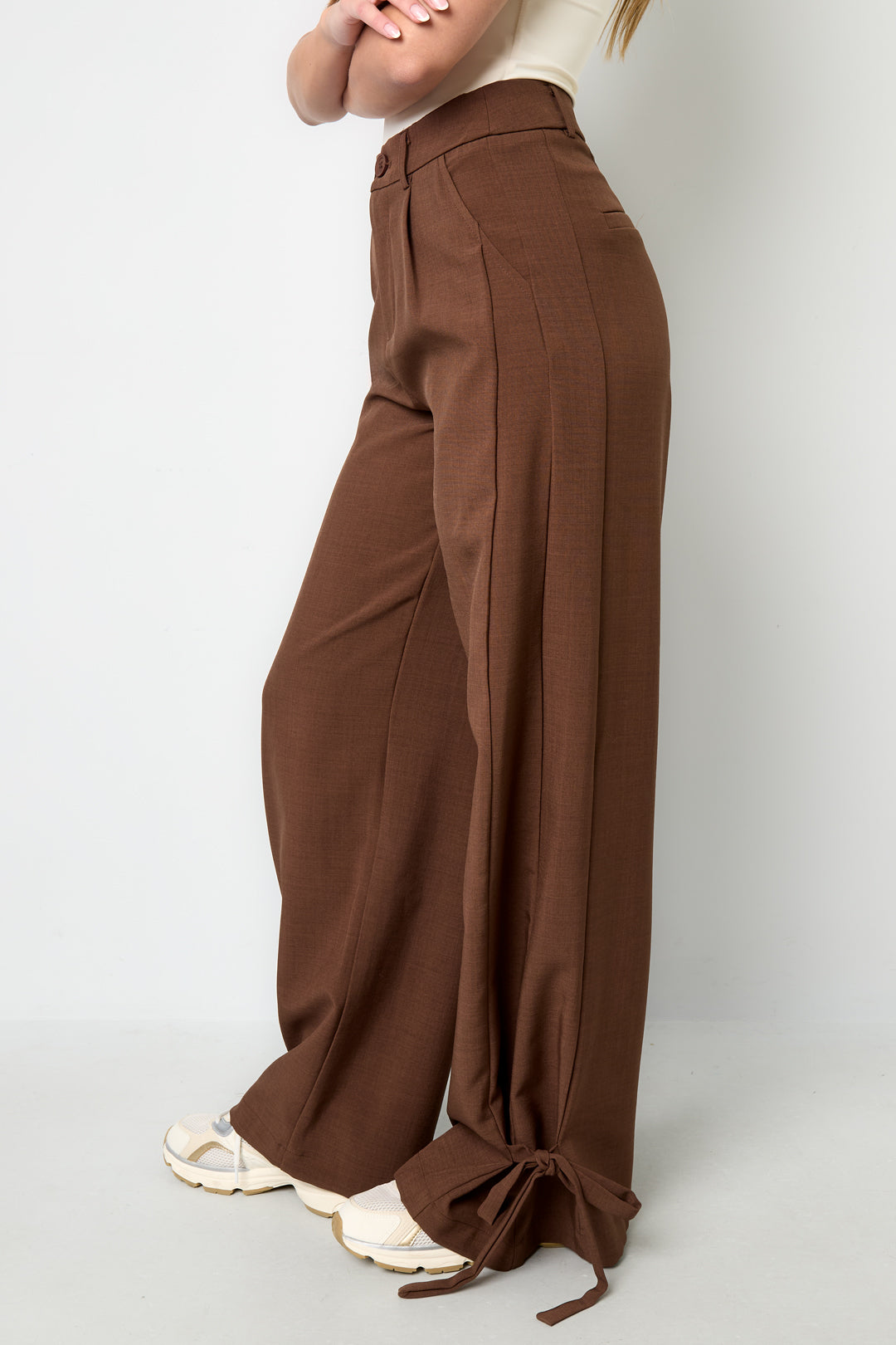 Woven Polyester Fiber Women's Straight Pants Casual Tie-up