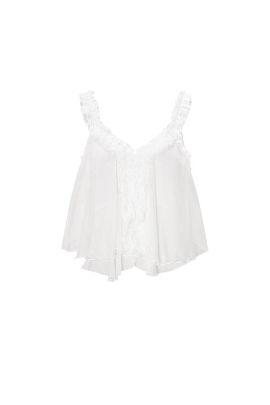 Woven White Sleeveless Top Casual Solid Color Ruffle Edge
