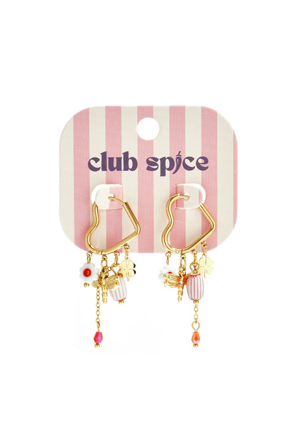 Heart-shaped hoop earrings with beaded pendants and charms