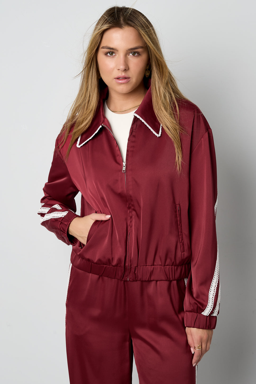 Woven Polyester Fiber Women's Jacket Sporty Color Clash 2-piece Set