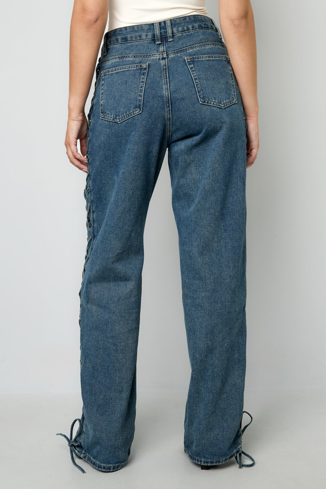 Woven Cotton Women's Straight Leg Pants Tie-up Casual