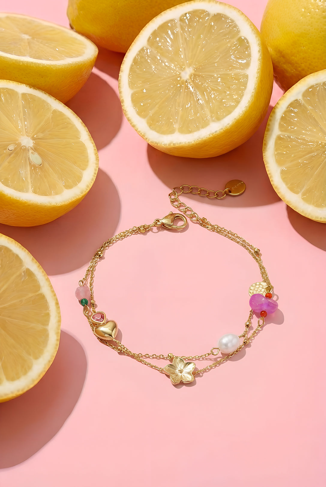 Charm-Armband mit Herz, Blume, Perle und Perlen