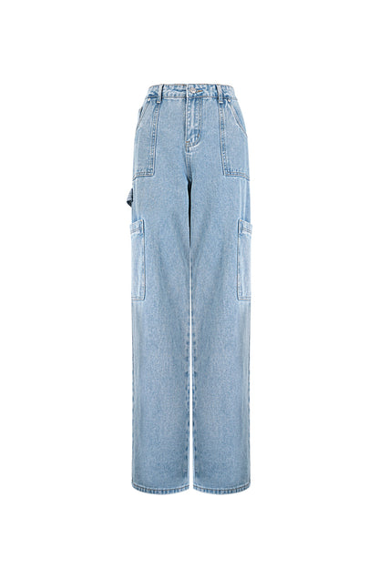 Cotton Woven Women's Straight Leg Denim Pants Casual Solid Color Medium Indigo