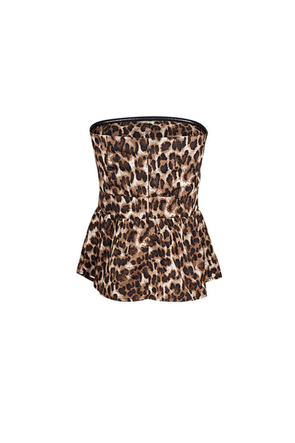 Polyester Women's Strapless Top Leopard Print Peplum Design