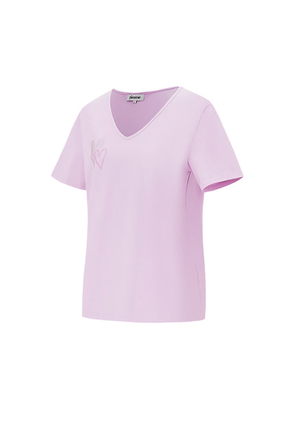 Cotton Women's V-Neck T-Shirt Embroidered Heart Design