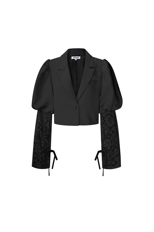 Cotton Blend Women's Blazer Puff Sleeve Lace Insert