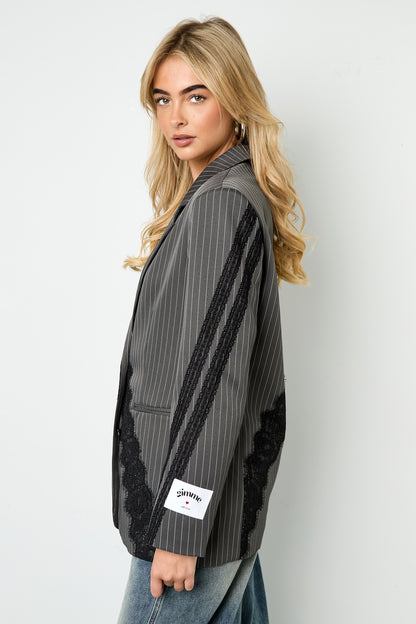 Woven Polyester Fiber Women's Suit Set Elegant Stripes Lace Panel