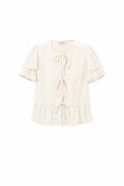 Woven Polyester Fiber Women's Short Sleeve Tops Elegant Tie-up Solid Color