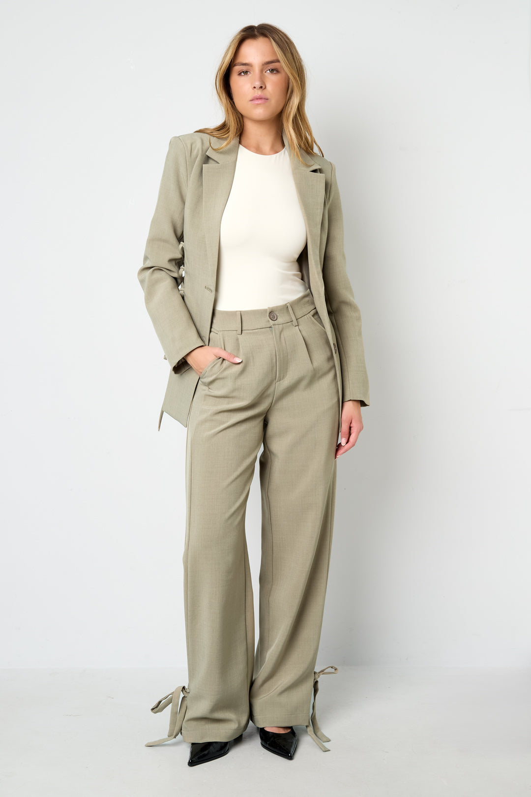 Woven Polyester Fiber Women's Straight Pants Casual Tie-up