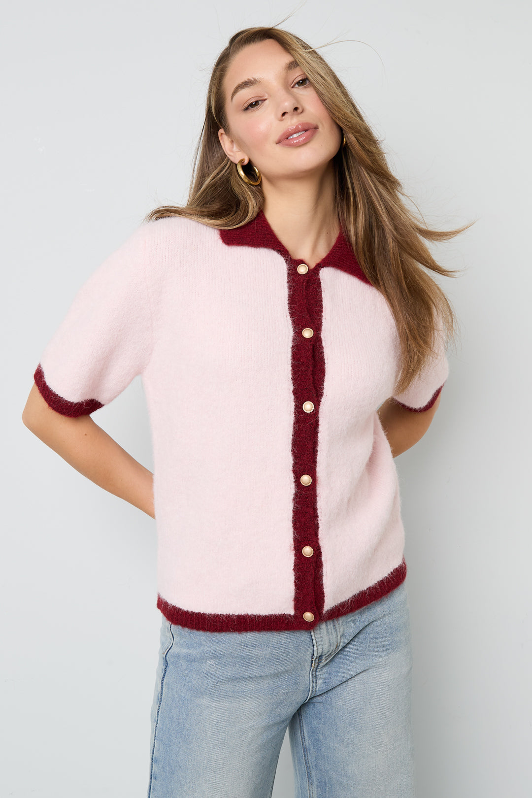 Knitted Polyester Fiber Women's Knit Cardigan Casual Color Clash