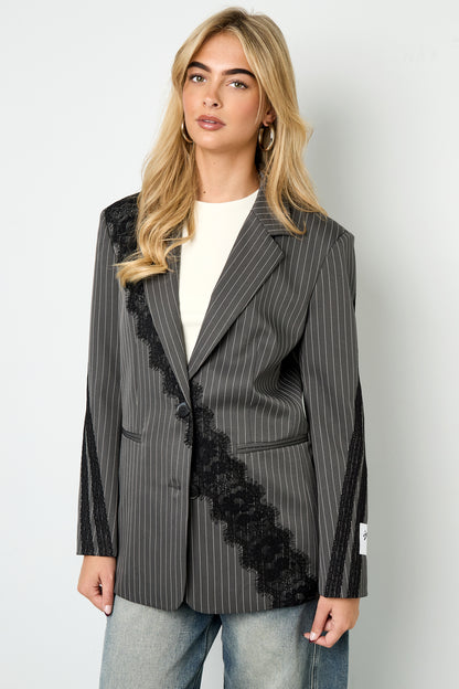 Woven Polyester Fiber Women's Suit Set Elegant Stripes Lace Panel