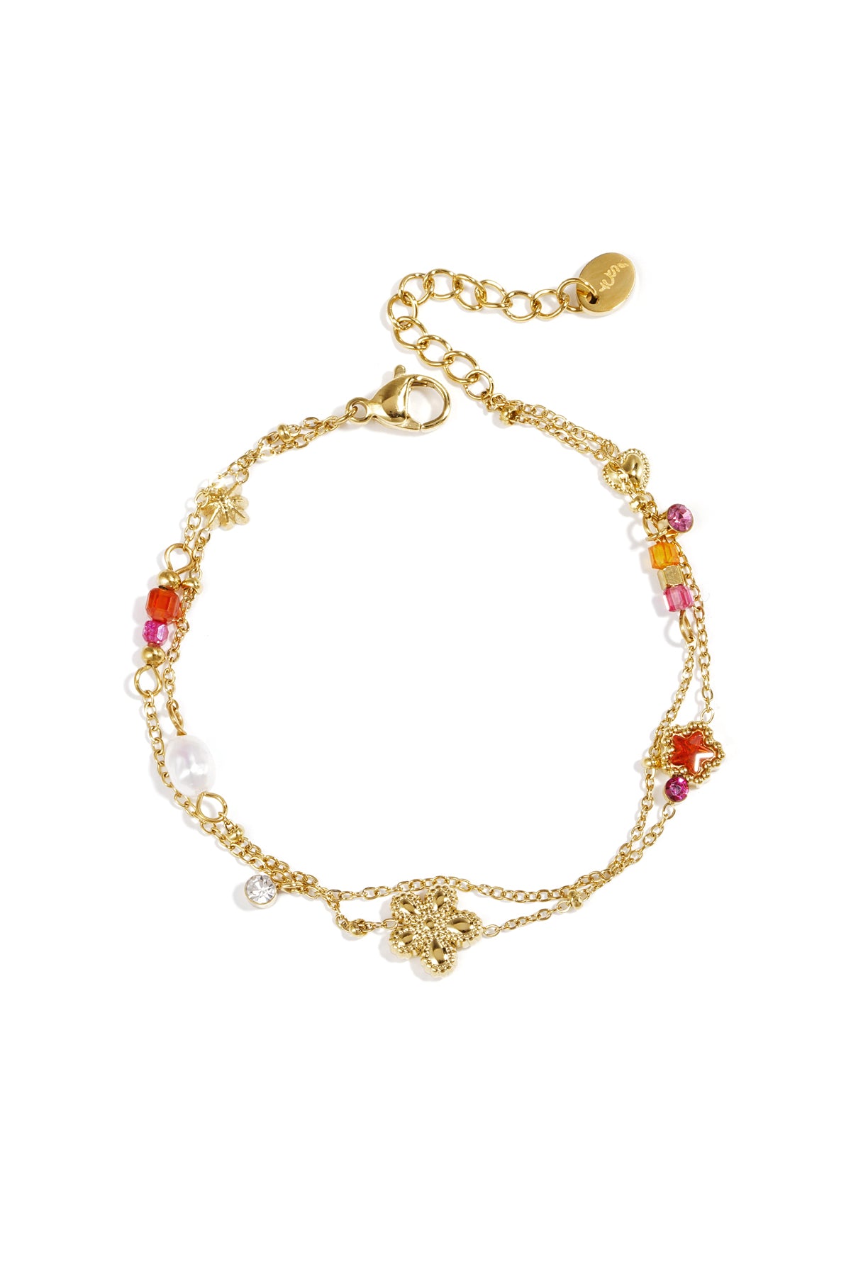 Charm-Armband mit Stern- und Blumenanhängern, Perlen, Steinen und Perlen