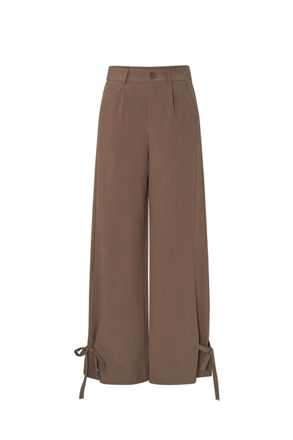 Woven Polyester Fiber Women's Straight Pants Casual Tie-up