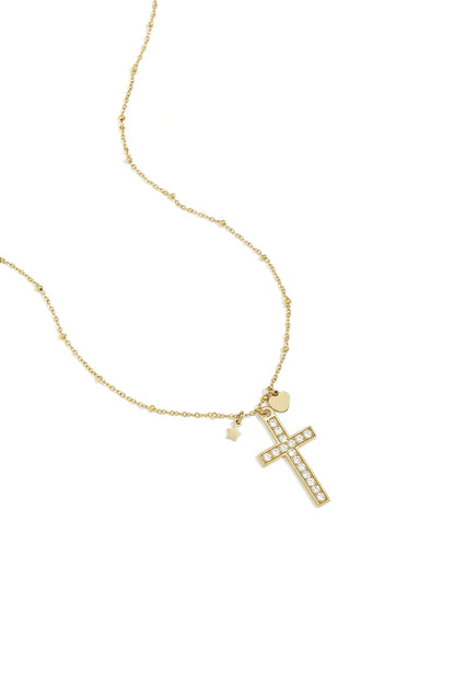 Necklace with decorated cross pendant and charms